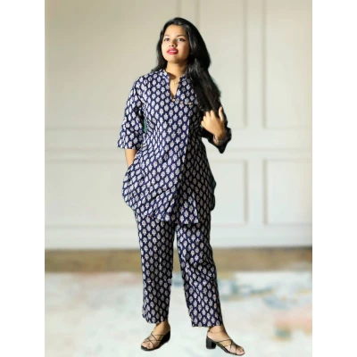 Pure Cotton Navy Blue Printed Co-ord Set For Women