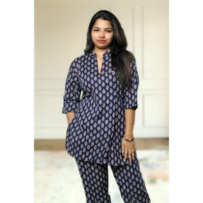 Pure Cotton Navy Blue Printed Co-ord Set For Women