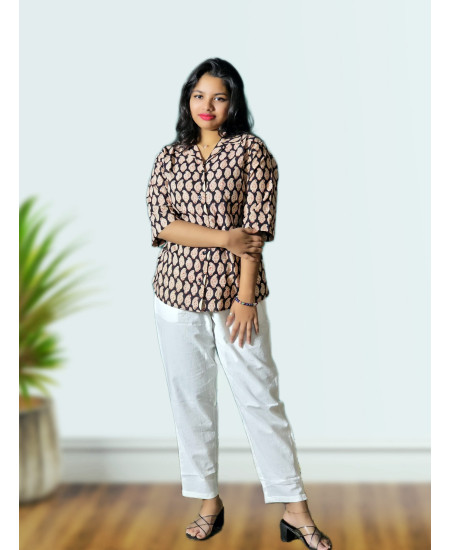 Black Block Print Cotton Shirt For Women