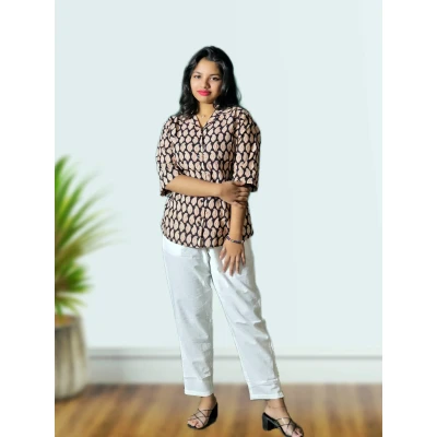 Black Block Print Cotton Shirt For Women