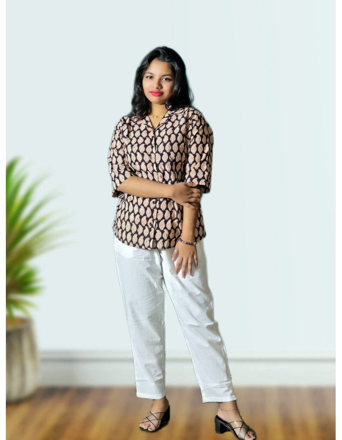 A model wearing Black Block Print Cotton Shirt For Women A model wearing Black Block Print Cotton Shirt For Women