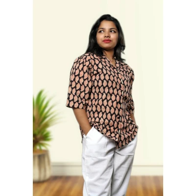 Black Block Print Cotton Shirt For Women