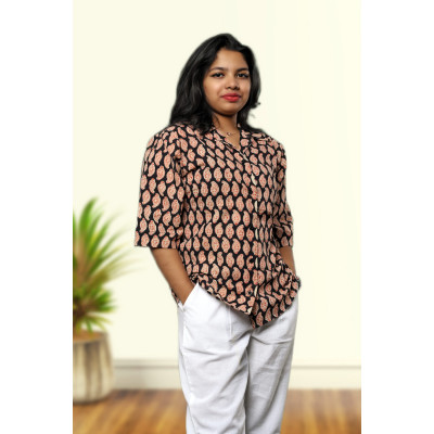 Black Block Print Cotton Shirt For Women