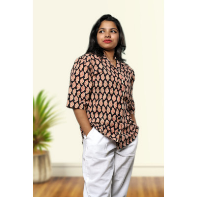Black Block Print Cotton Shirt For Women