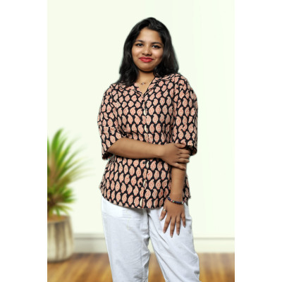 Black Block Print Cotton Shirt For Women