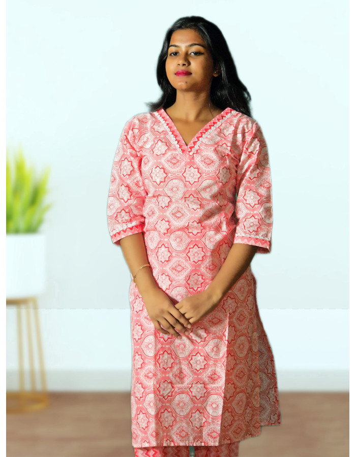 Two Piece Pure Cotton Kurti Co-ord Set For Women