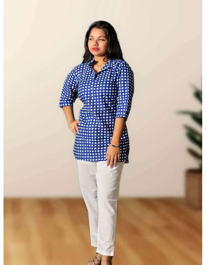 A model wearing Cotton Checked Top For Women A model wearing Cotton Checked Top For Women