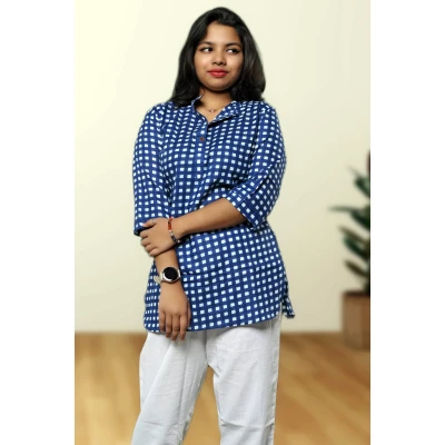 A model wearing Cotton Checked Top For Women