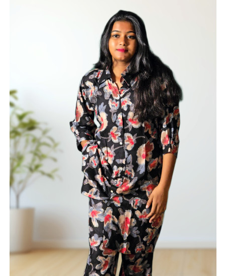 Rayon mixed cotton black floral co-ord set for women
