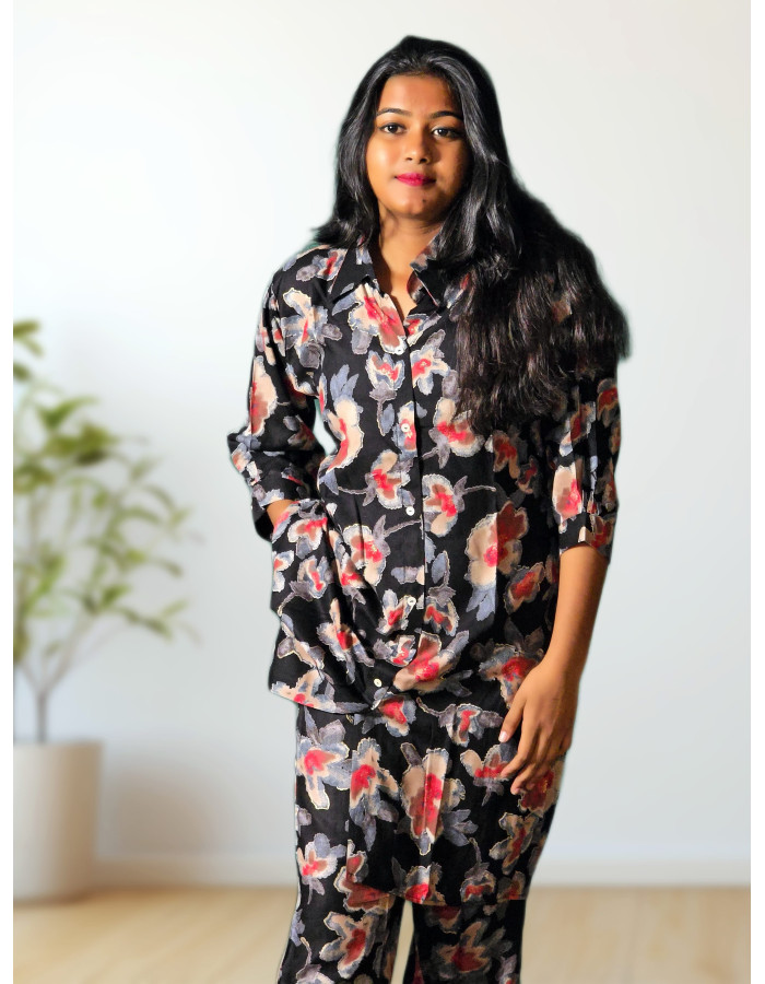 Rayon mixed cotton black floral co-ord set for women