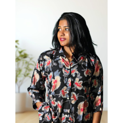 Rayon mixed cotton black floral co-ord set for women