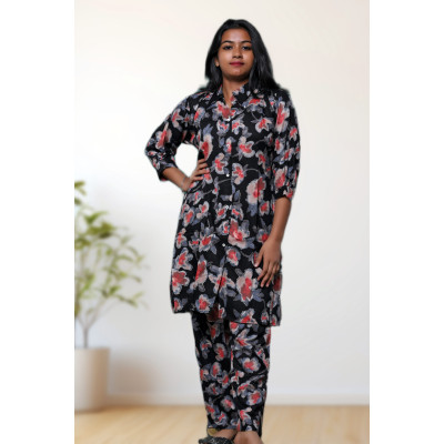 Rayon mixed cotton black floral co-ord set for women