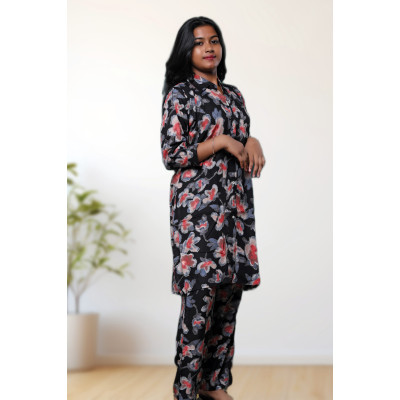 Rayon mixed cotton black floral co-ord set for women