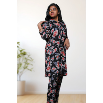 Rayon mixed cotton black floral co-ord set for women