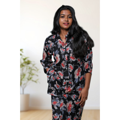 Rayon mixed cotton black floral co-ord set for women