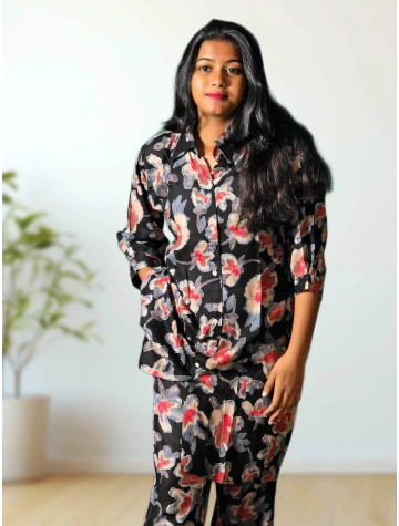 Rayon mixed cotton black floral co-ord set for women  Rayon mixed cotton black floral co-ord set for women data-sizes=