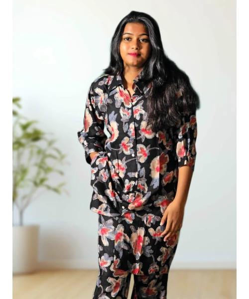 Rayon mixed cotton black floral co-ord set for women