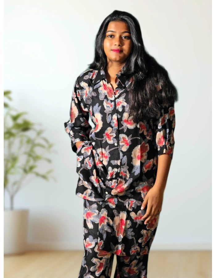 Rayon mixed cotton black floral co-ord set for women