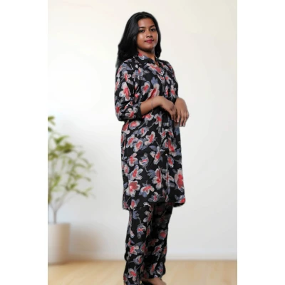 Rayon mixed cotton black floral co-ord set for women