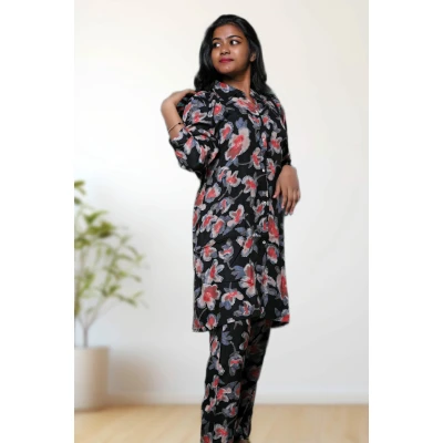 Rayon mixed cotton black floral co-ord set for women