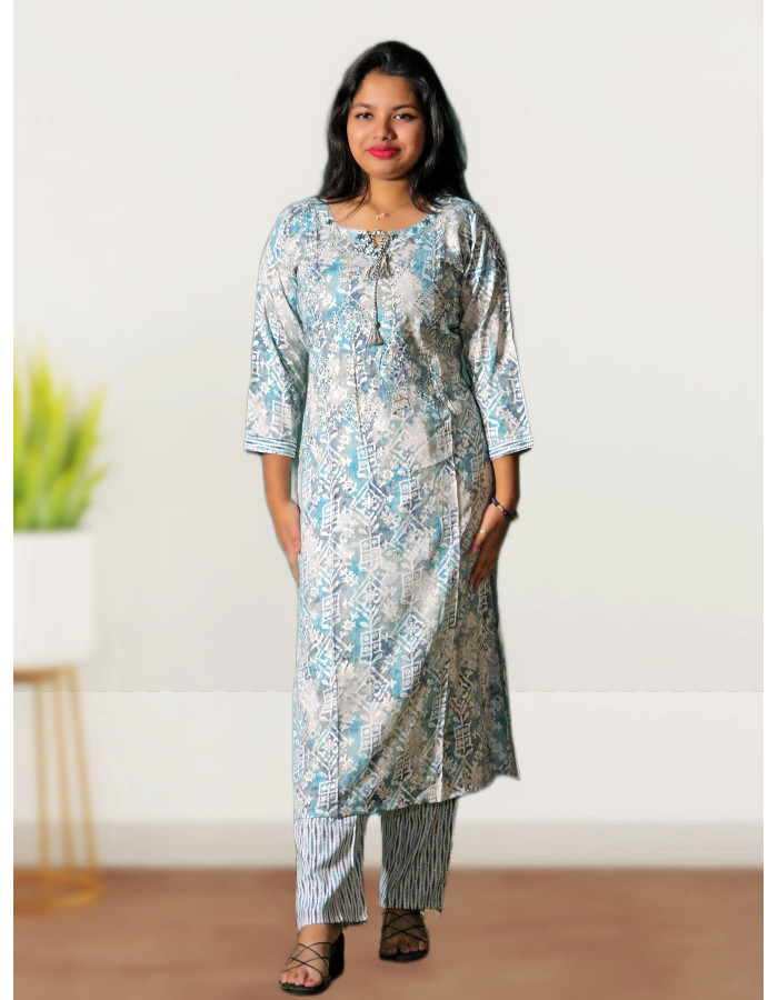 A model wearing Two Piece Kurti Pant Set For Women A model wearing Two Piece Kurti Pant Set For Women