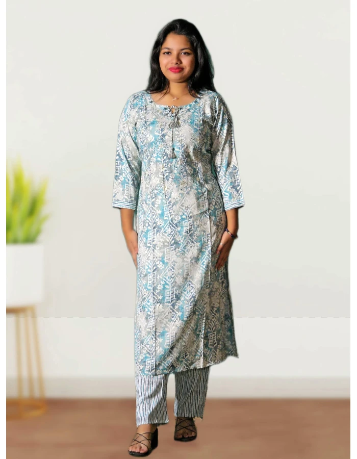 A model wearing Two Piece Kurti Pant Set For Women A model wearing Two Piece Kurti Pant Set For Women