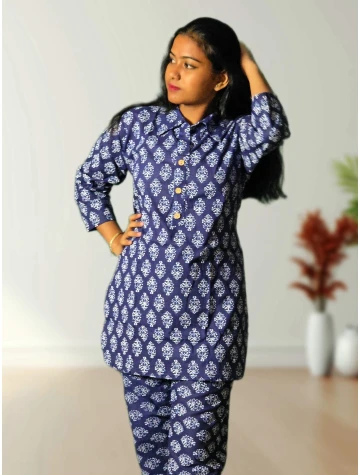 Pure Cotton Blue Printed Co-ord Set For Women  Pure Cotton Blue Printed Co-ord Set For Women data-sizes=