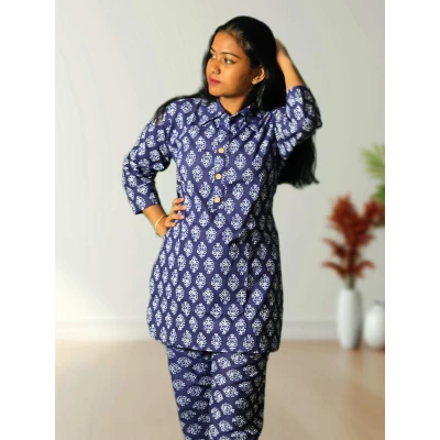 Pure Cotton Blue Printed Co-ord Set For Women