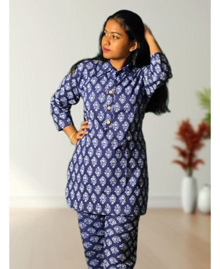 Pure Cotton Blue Printed Co-ord Set For Women