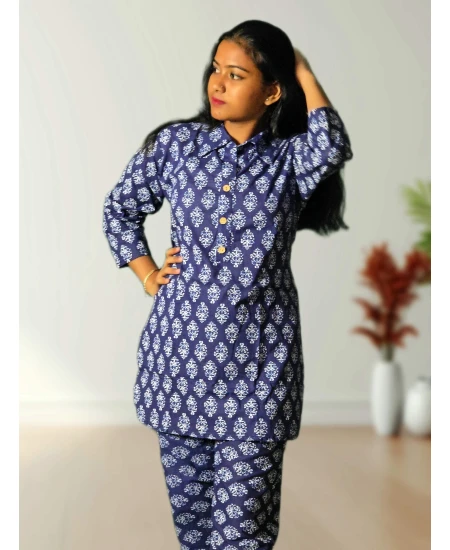 Pure Cotton Blue Printed Co-ord Set For Women