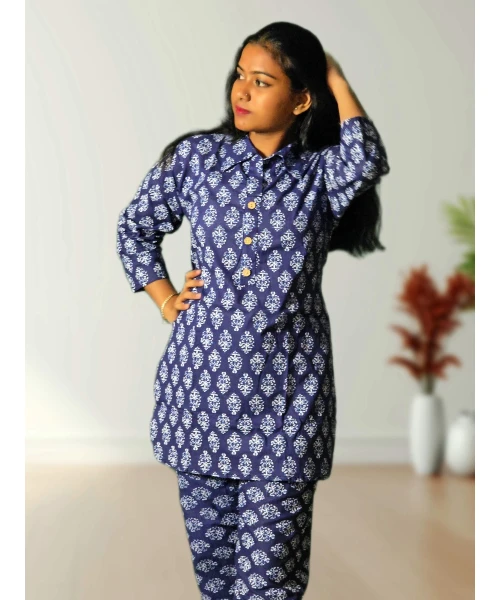 Pure Cotton Blue Printed Co-ord Set For Women