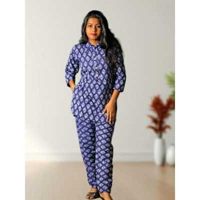 Pure Cotton Blue Printed Co-ord Set For Women