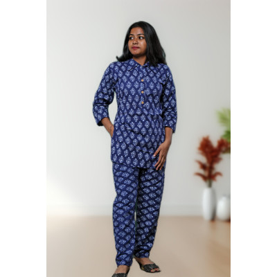 Pure Cotton Blue Printed Co-ord Set For Women