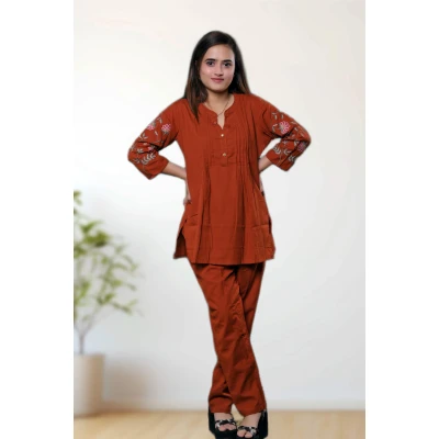 A model wearing Linen Hand Embroidered Co-ords  For Women