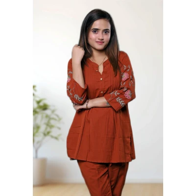 A model wearing Linen Hand Embroidered Co-ords  For Women