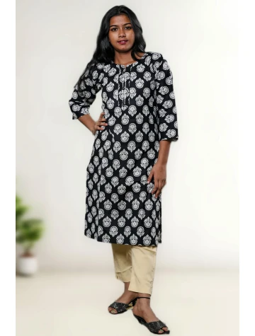 Pure Cotton Black Printed Kurti For Women in black colour  Pure Cotton Black Printed Kurti For Women in black colour data-sizes=