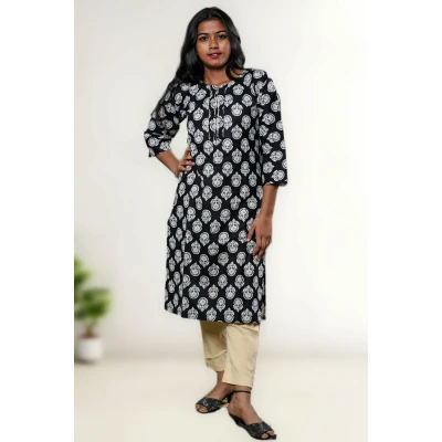 Pure Cotton Black Printed Kurti For Women in black colour