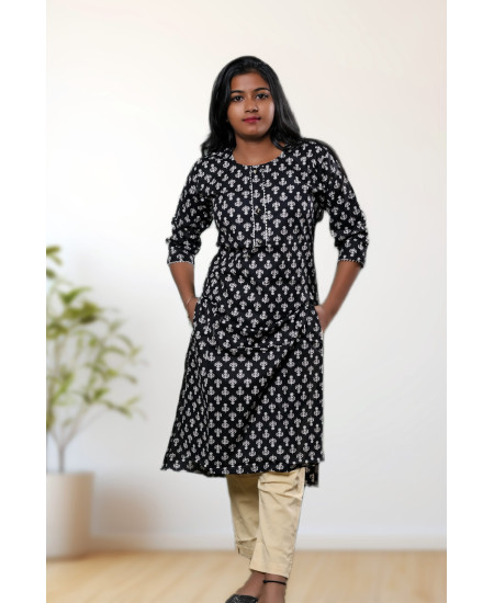 Pure Cotton Black Printed Kurti For Women