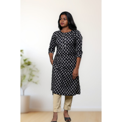 Pure Cotton Black Printed Kurti For Women
