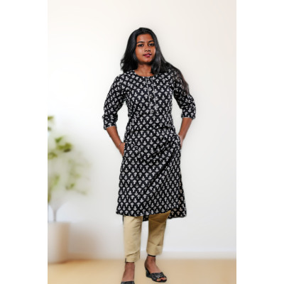 Pure Cotton Black Printed Kurti For Women