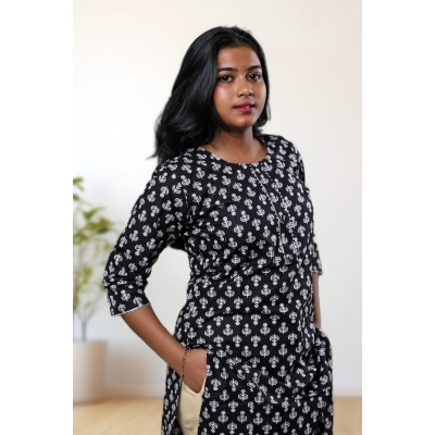 Pure Cotton Black Printed Kurti For Women