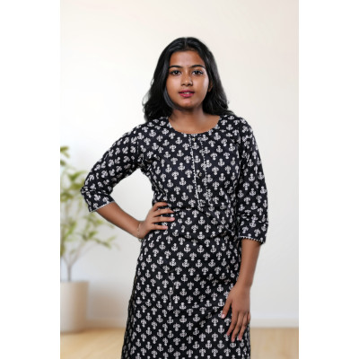 Pure Cotton Black Printed Kurti For Women