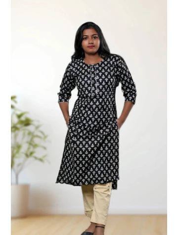 Pure Cotton Black Printed Kurti For Women in black  Pure Cotton Black Printed Kurti For Women in black data-sizes=
