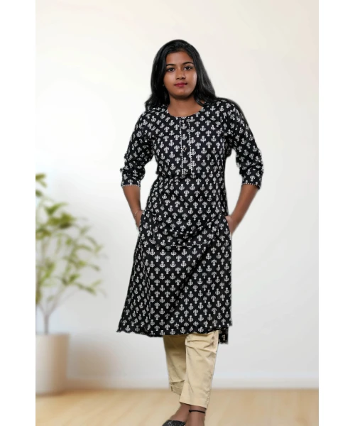 Pure Cotton Black Printed Kurti For Women in black