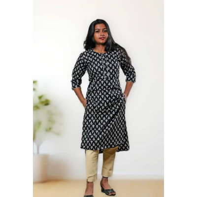 Pure Cotton Black Printed Kurti For Women in black