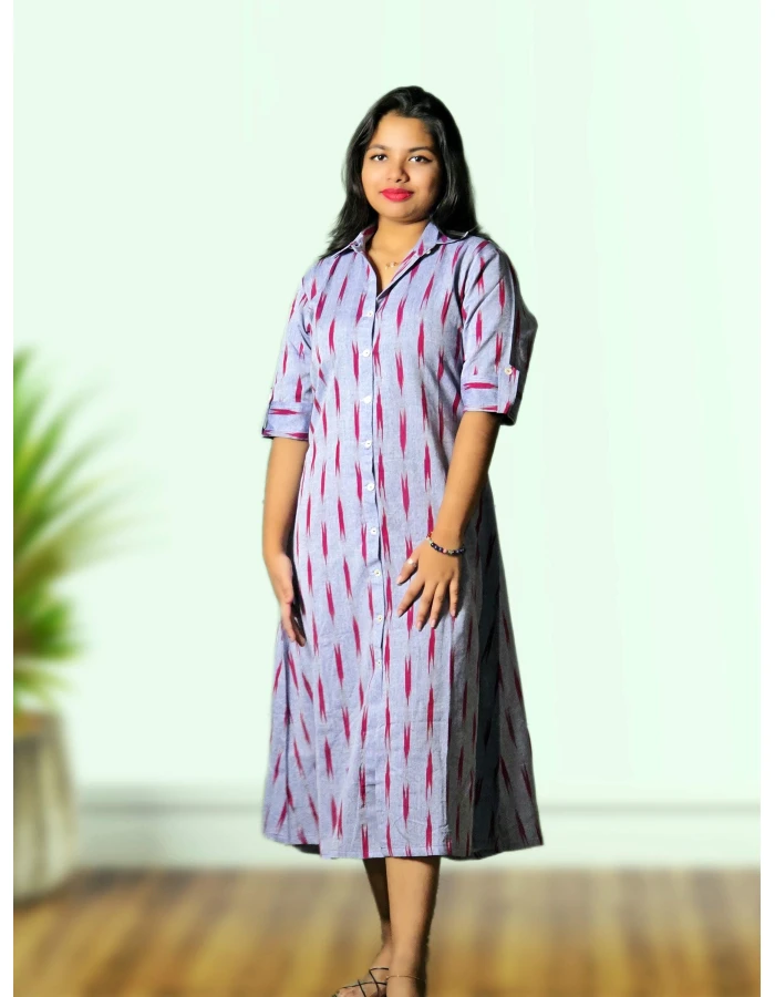 A model wearing Cotton Ikkat One Piece Set For Women A model wearing Cotton Ikkat One Piece Set For Women