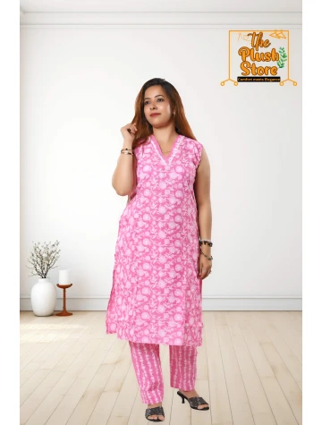 Pure Cotton Kurti Pant Set For Women in Pink colour  Pure Cotton Kurti Pant Set For Women in Pink colour data-sizes=
