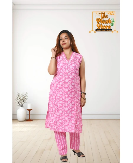 Pure Cotton Kurti Pant Set For Women in Pink colour