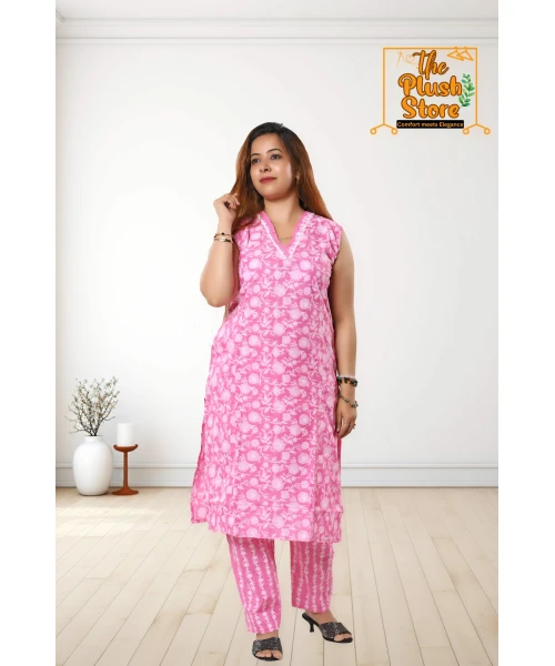 Pure Cotton Kurti Pant Set For Women in Pink colour