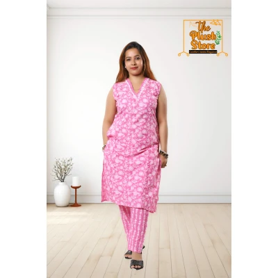 Pure Cotton Kurti Pant Set For Women in Pink colour